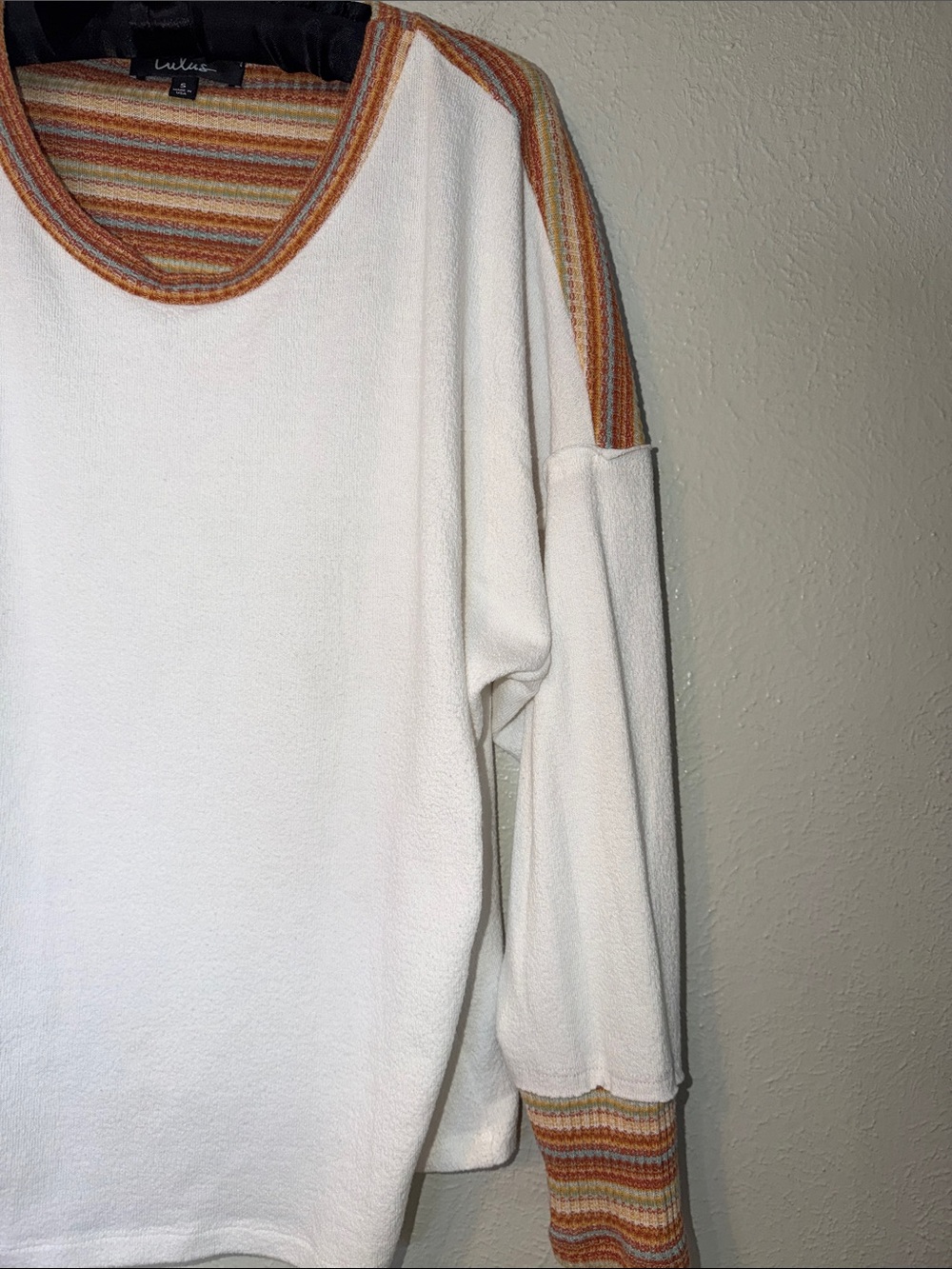 Lulus Ivory Pullover Knit Top w/ Contrast‎ Grunge Vintage Striped Trim Sz S - Picture 6 of 17